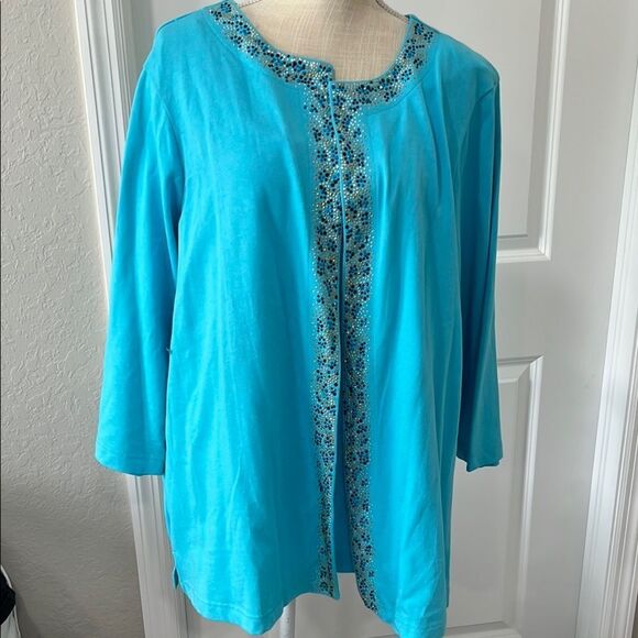 Quacker Factory Blingy Turquoise 2pc Cotton Light Knit Set attached Tank NWT - Picture 1 of 12
